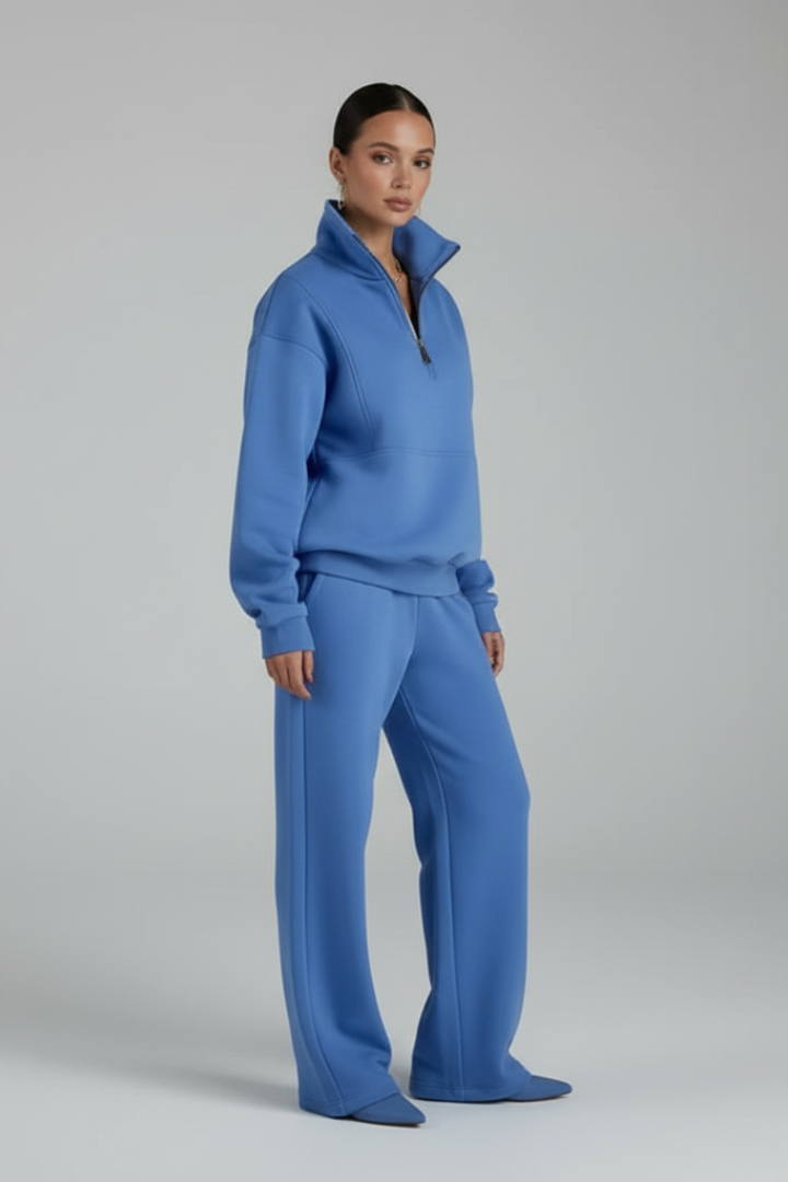 Women’s Two-Piece Set with Half-Zip Top and Straight-Leg Trousers