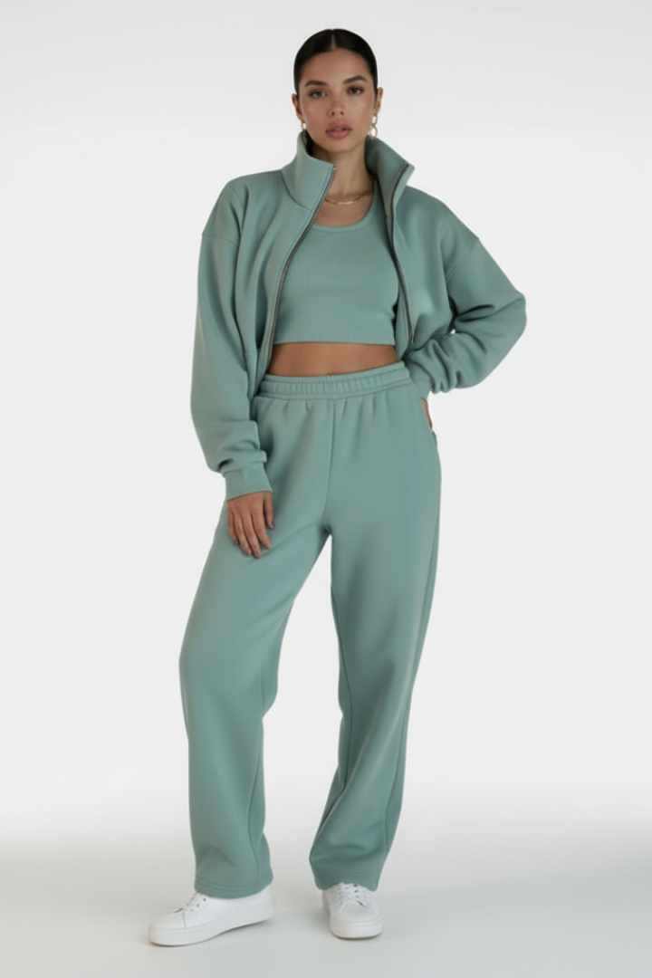 Women’s Two-Piece Set with Half-Zip Top and Straight-Leg Trousers