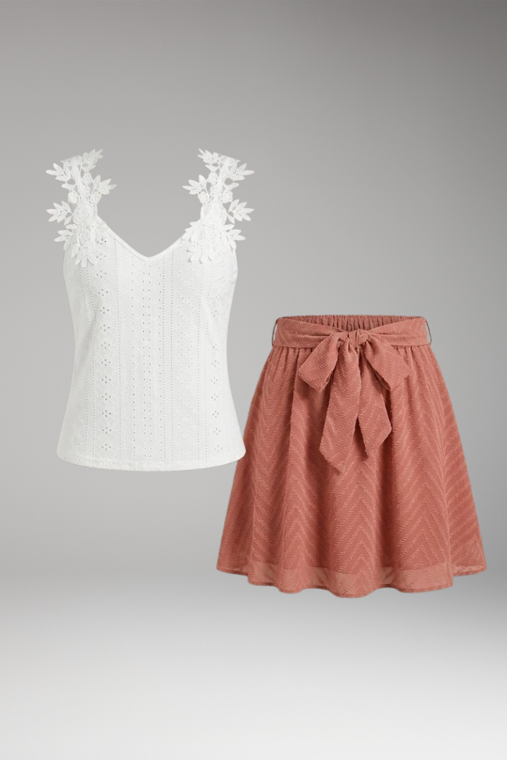 Women’s Two-Piece Set with Lace Top and Mini Skirt
