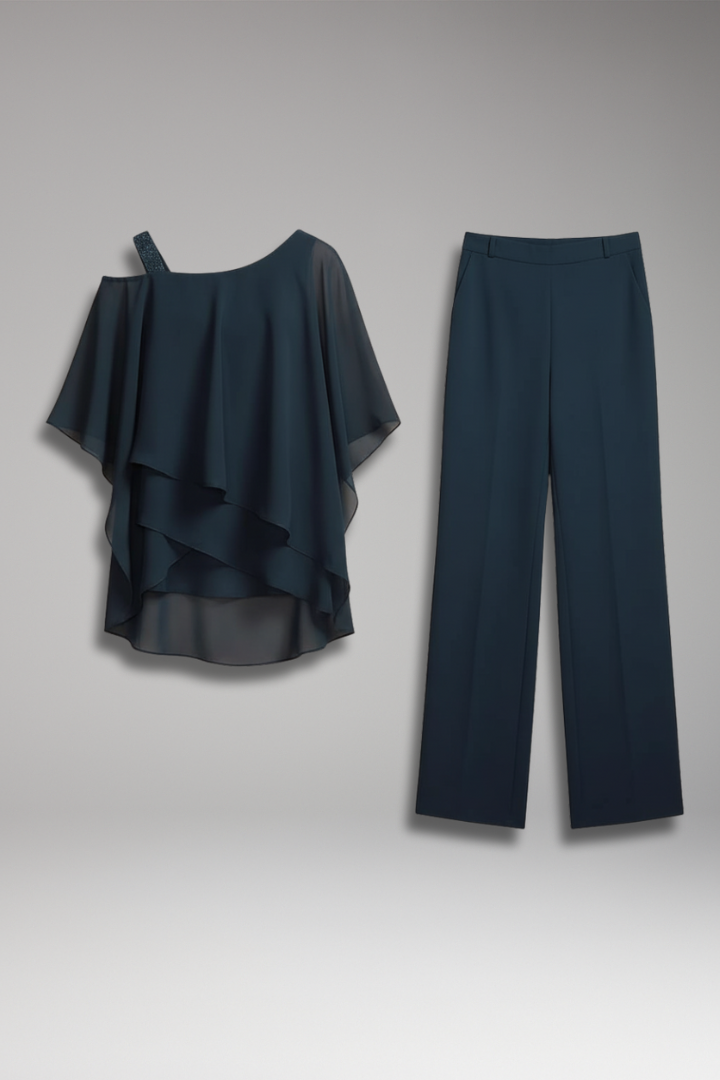 Women’s Two-Piece Set with Layered Top and Wide-Leg Trousers