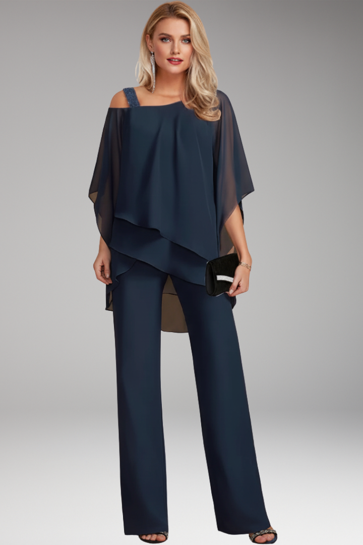 Women’s Two-Piece Set with Layered Top and Wide-Leg Trousers