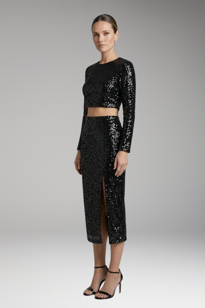 Women's Two-Piece Set with Long-Sleeve Top and High-Waist Skirt
