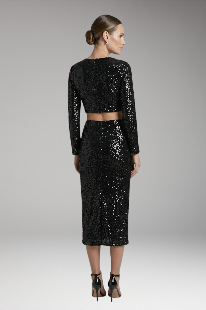 Women's Two-Piece Set with Long-Sleeve Top and High-Waist Skirt