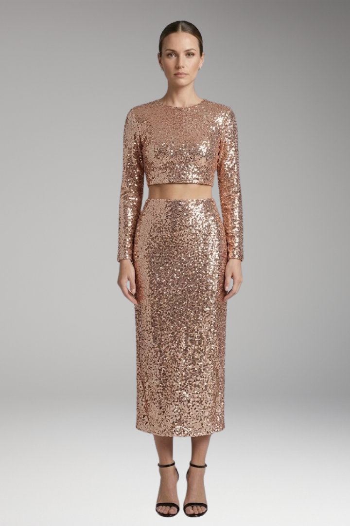 Women's Two-Piece Set with Long-Sleeve Top and High-Waist Skirt