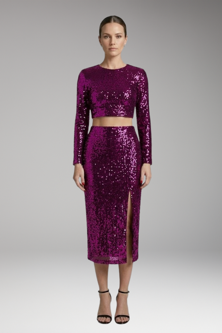 Women's Two-Piece Set with Long-Sleeve Top and High-Waist Skirt