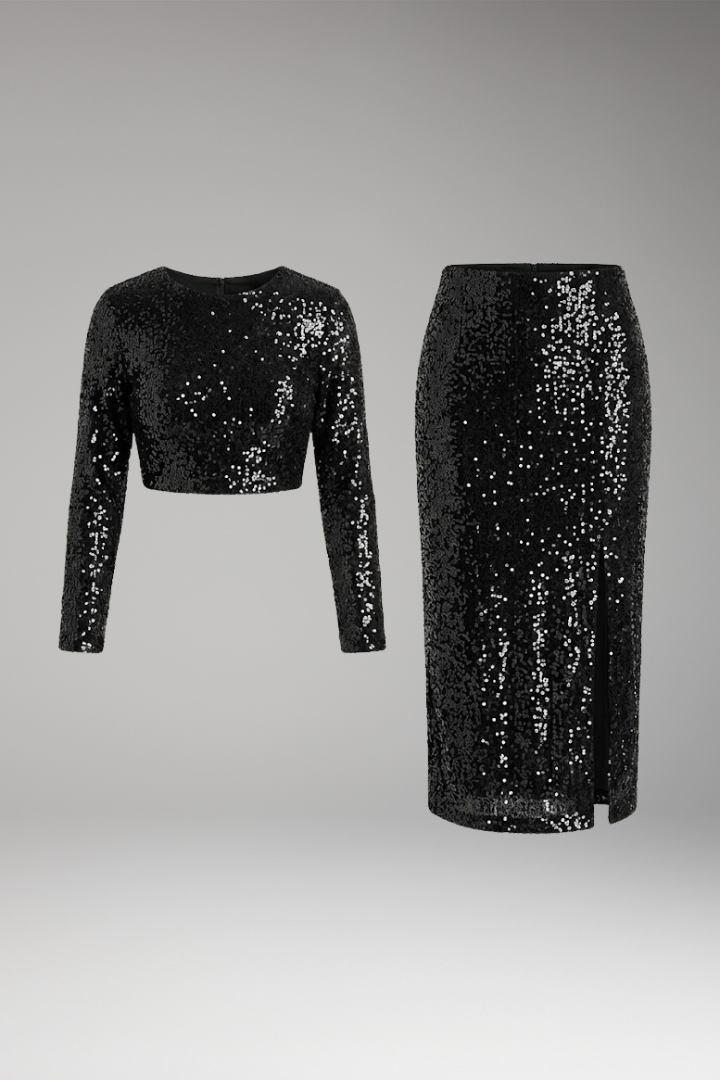 Women's Two-Piece Set with Long-Sleeve Top and High-Waist Skirt