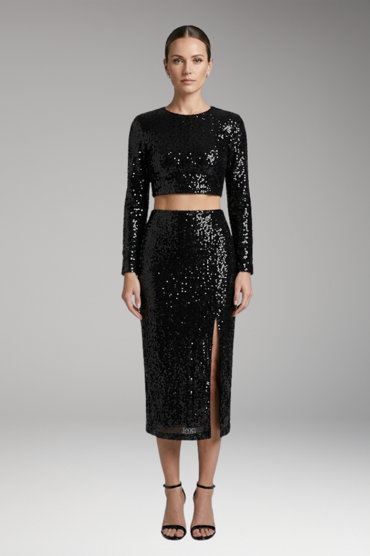 Women's Two-Piece Set with Long-Sleeve Top and High-Waist Skirt