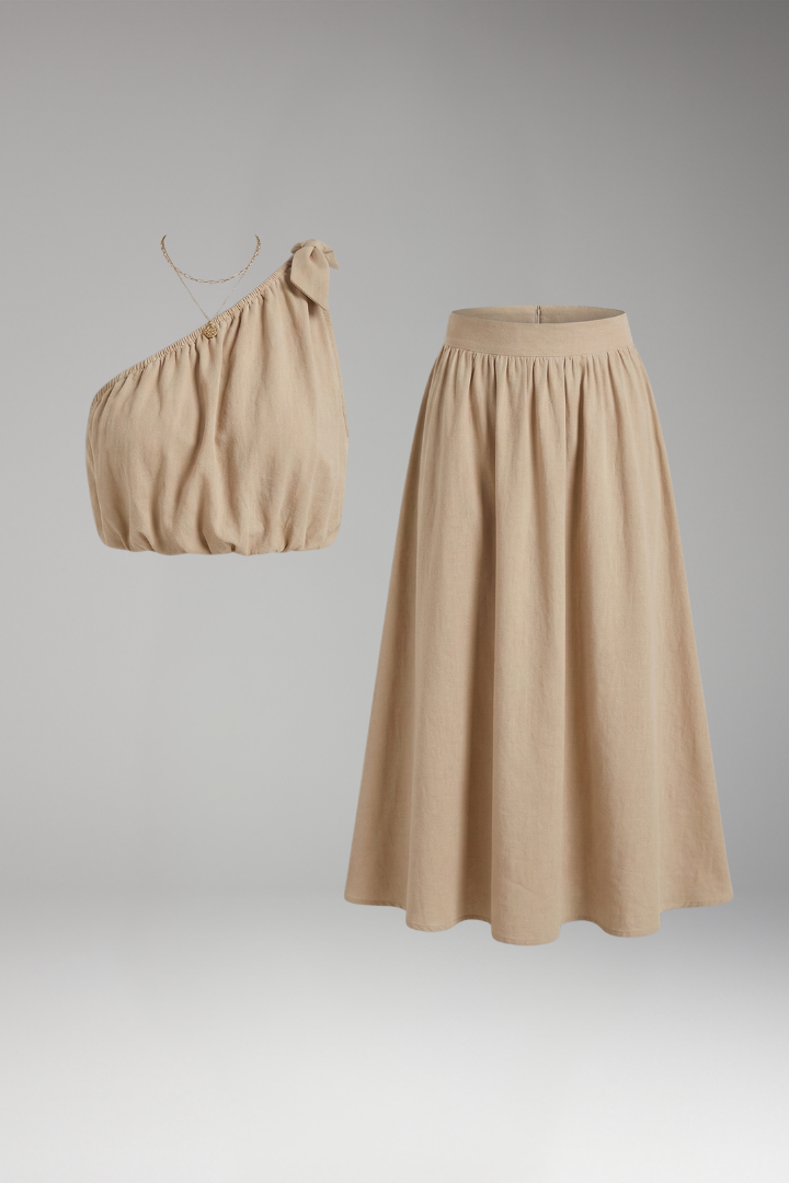 Women’s Two-Piece Set with One-Shoulder Top and Midi Skirt
