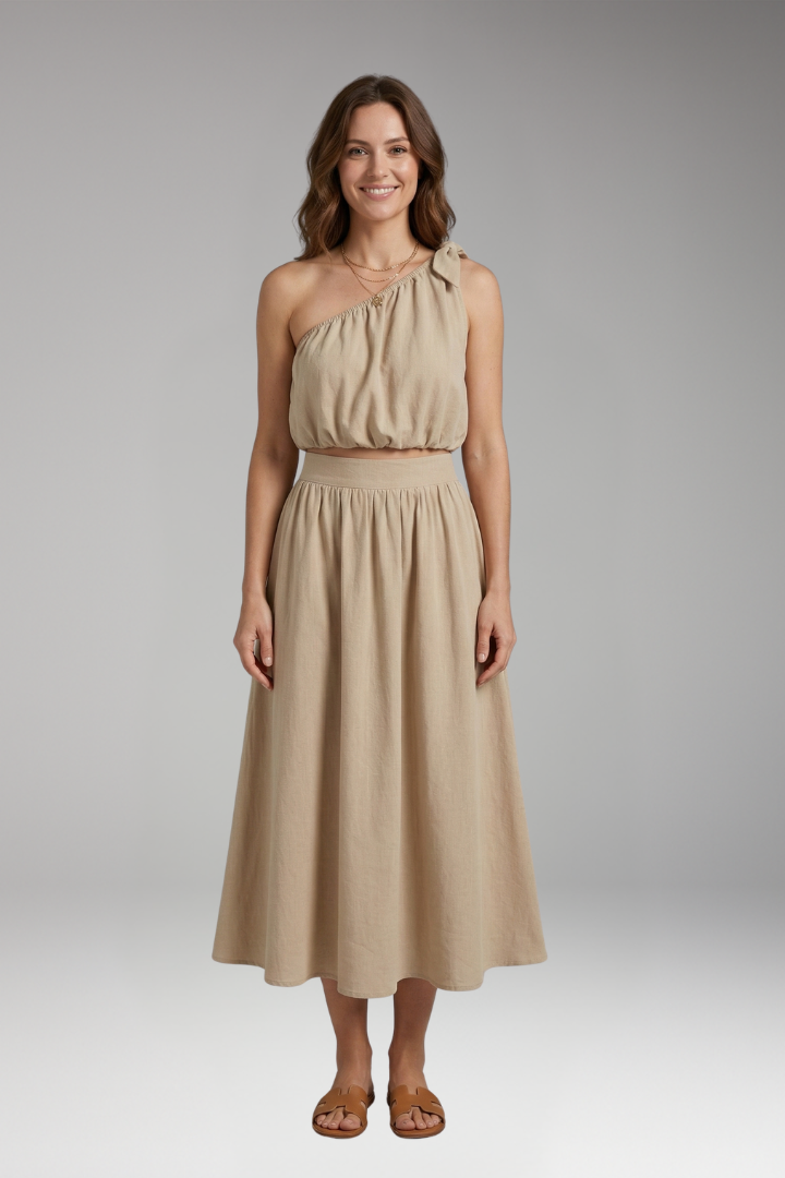 Women’s Two-Piece Set with One-Shoulder Top and Midi Skirt