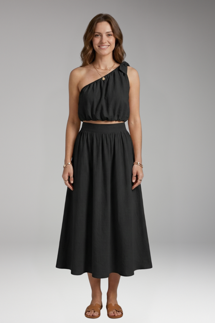 Women’s Two-Piece Set with One-Shoulder Top and Midi Skirt
