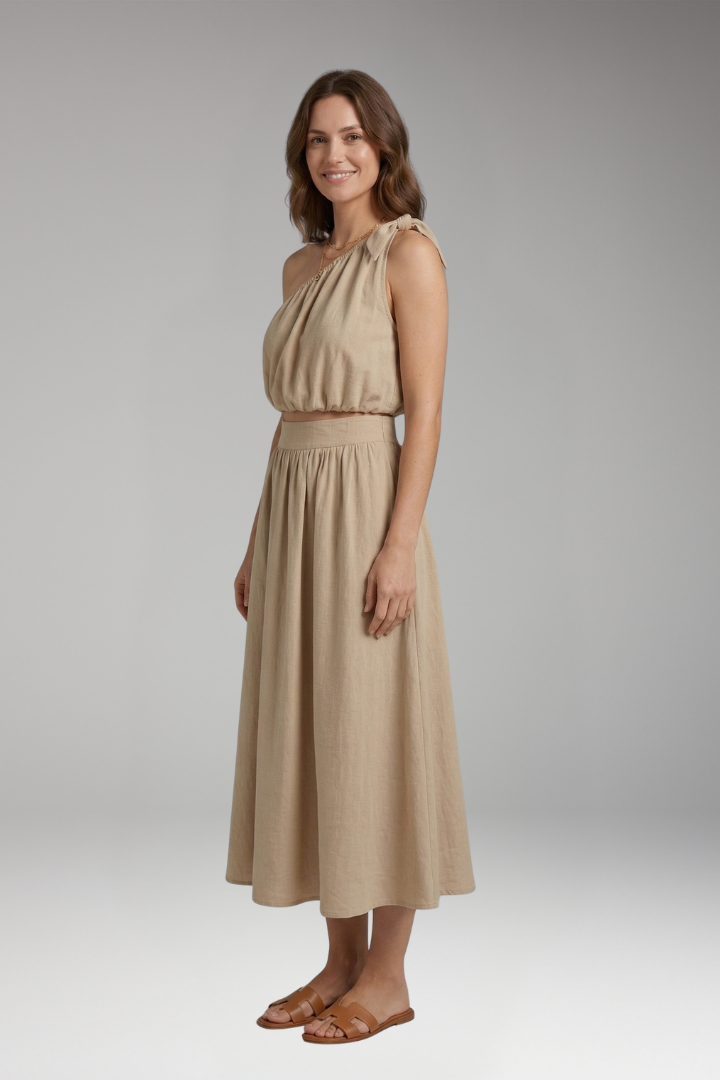 Women’s Two-Piece Set with One-Shoulder Top and Midi Skirt