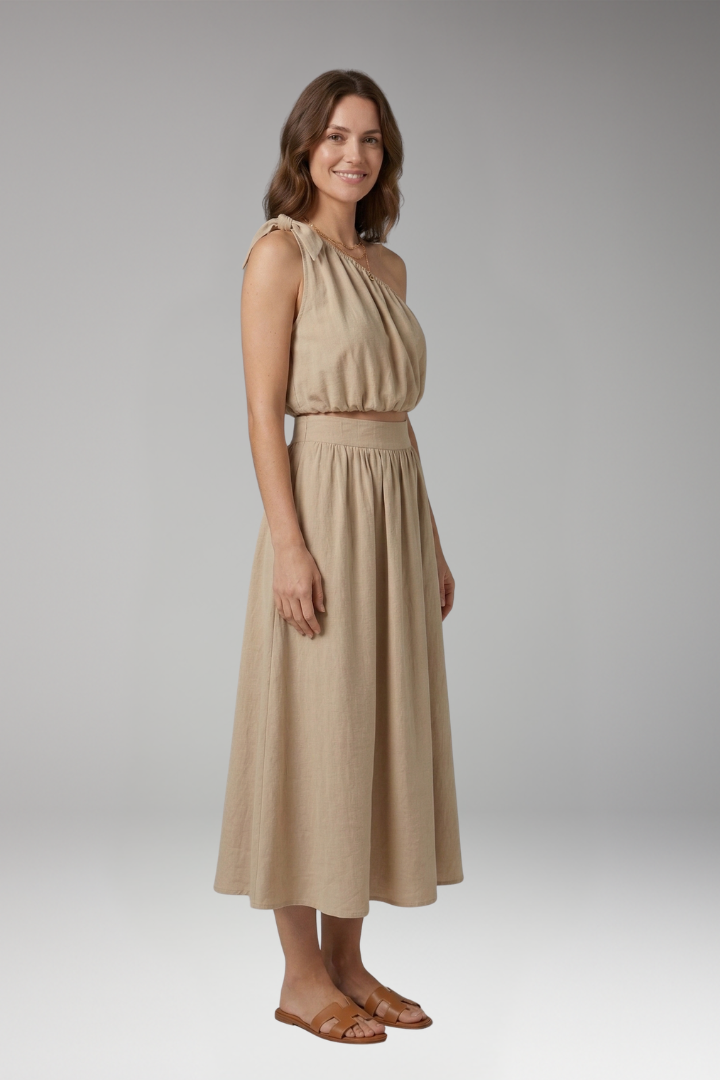 Women’s Two-Piece Set with One-Shoulder Top and Midi Skirt