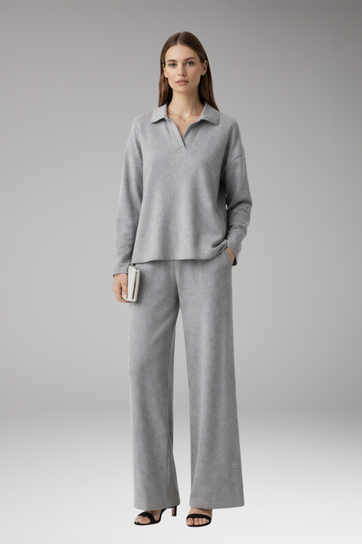 Women’s Two-Piece Set with Polo Collar Top and Wide-Leg Trousers