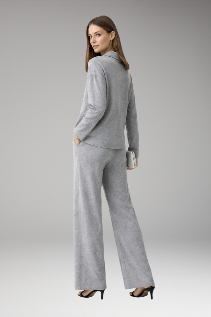 Women’s Two-Piece Set with Polo Collar Top and Wide-Leg Trousers