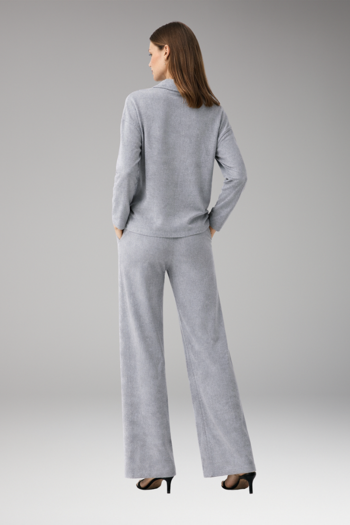 Women’s Two-Piece Set with Polo Collar Top and Wide-Leg Trousers