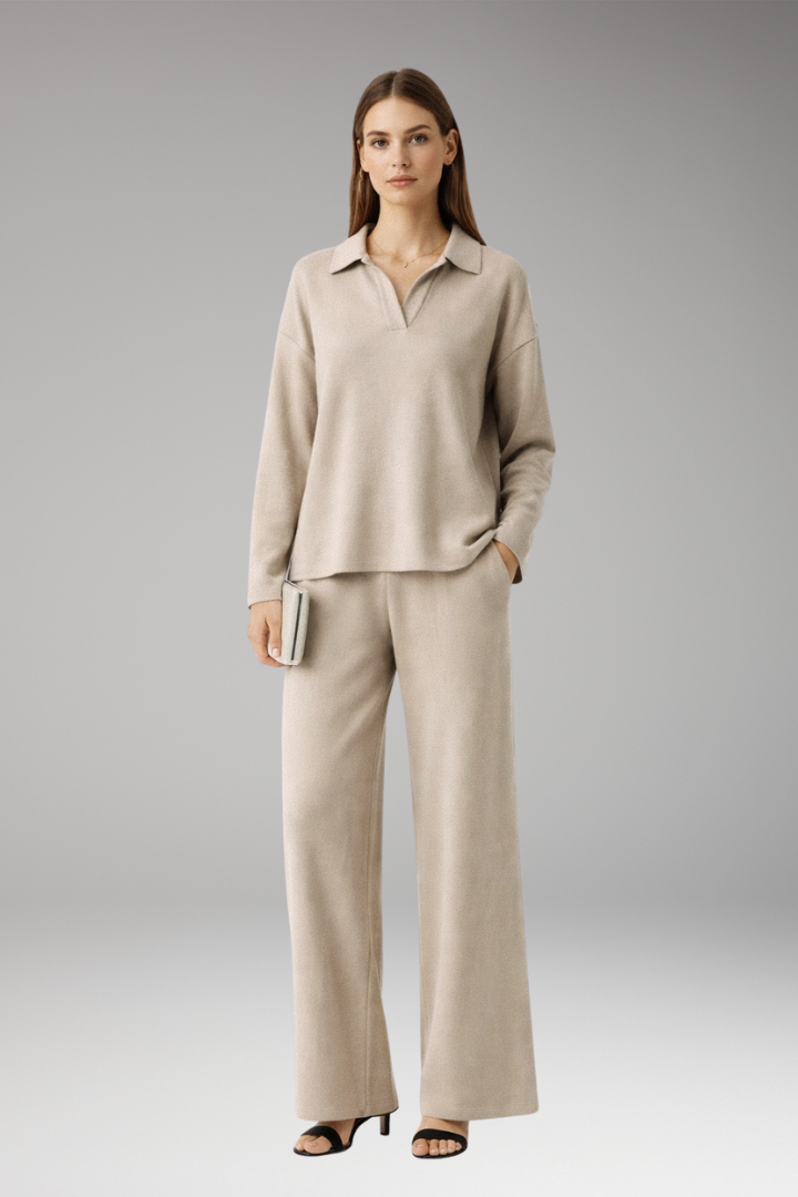 Women’s Two-Piece Set with Polo Collar Top and Wide-Leg Trousers