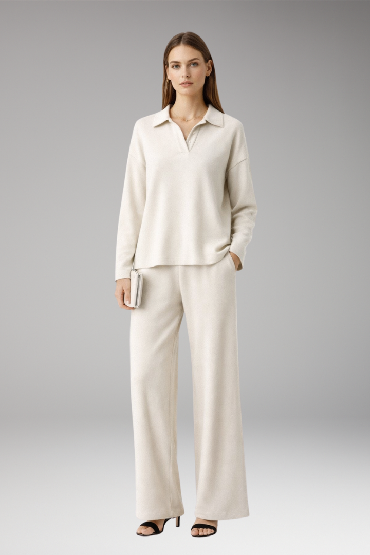 Women’s Two-Piece Set with Polo Collar Top and Wide-Leg Trousers