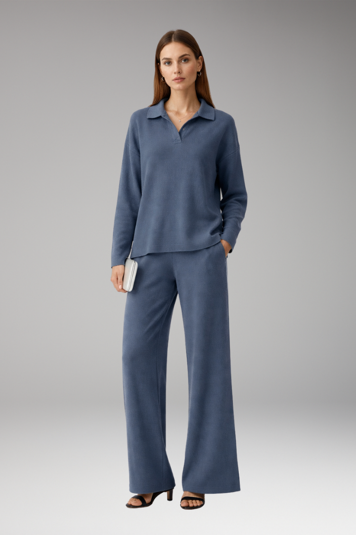 Women’s Two-Piece Set with Polo Collar Top and Wide-Leg Trousers