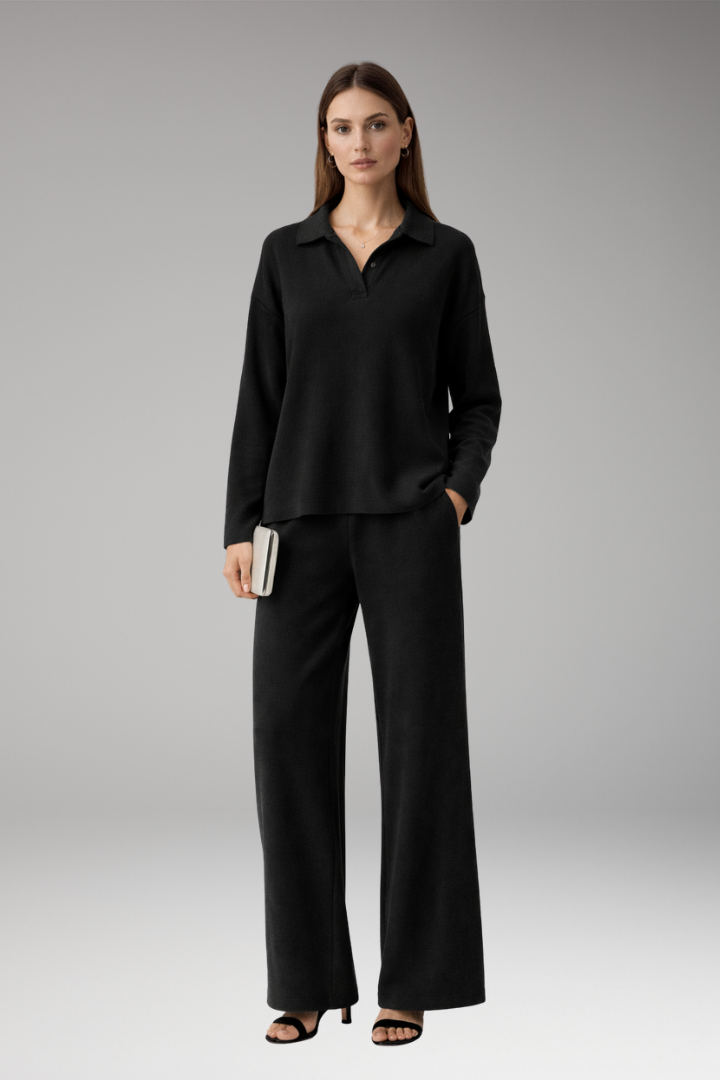 Women’s Two-Piece Set with Polo Collar Top and Wide-Leg Trousers