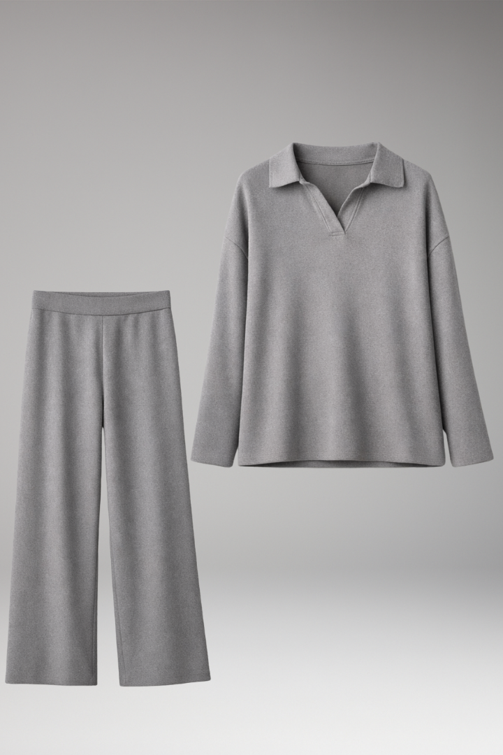 Women’s Two-Piece Set with Polo Collar Top and Wide-Leg Trousers