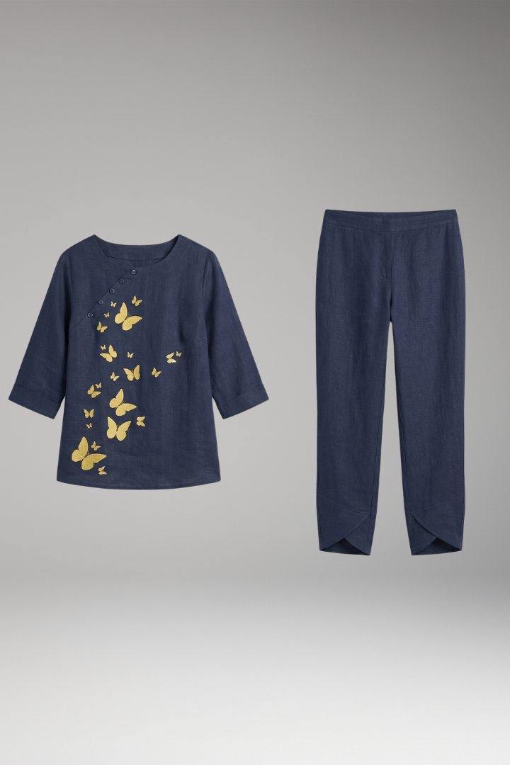 Women's Two-Piece Set with Printed Top and Elastic Waist Trousers