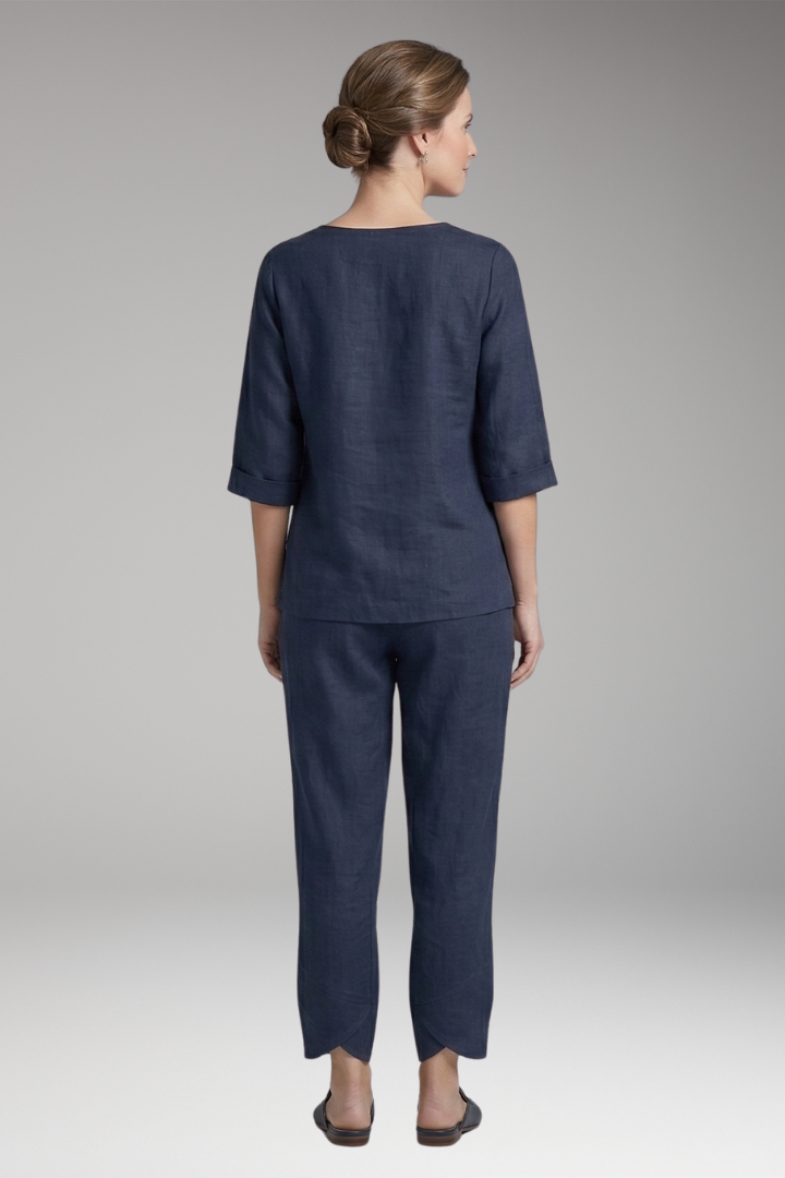 Women's Two-Piece Set with Printed Top and Elastic Waist Trousers