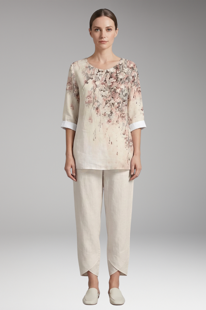Women's Two-Piece Set with Printed Top and Elastic Waist Trousers