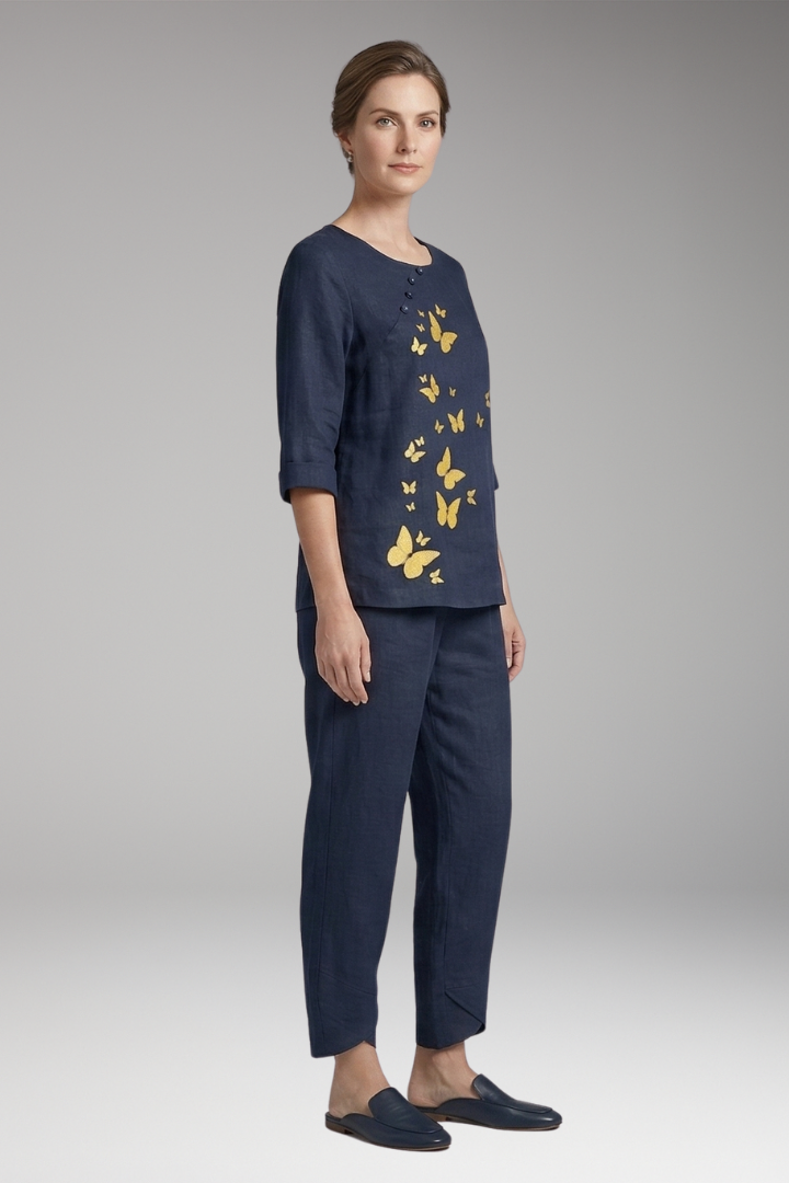 Women's Two-Piece Set with Printed Top and Elastic Waist Trousers