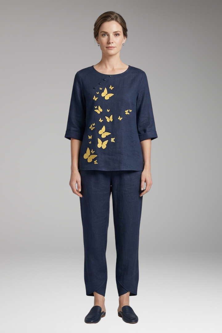 Women's Two-Piece Set with Printed Top and Elastic Waist Trousers