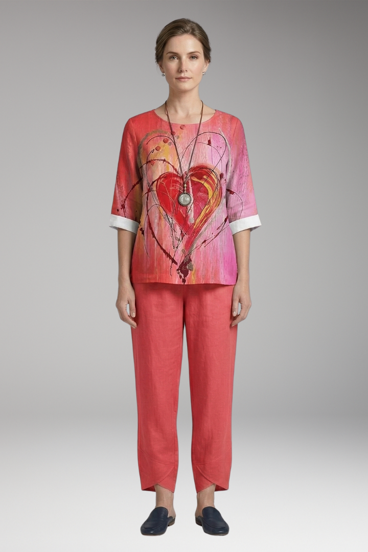 Women's Two-Piece Set with Printed Top and Elastic Waist Trousers