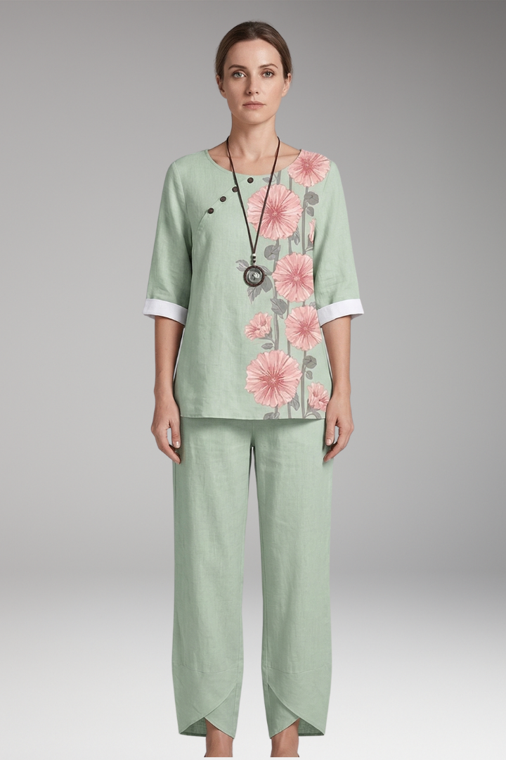 Women's Two-Piece Set with Printed Top and Elastic Waist Trousers