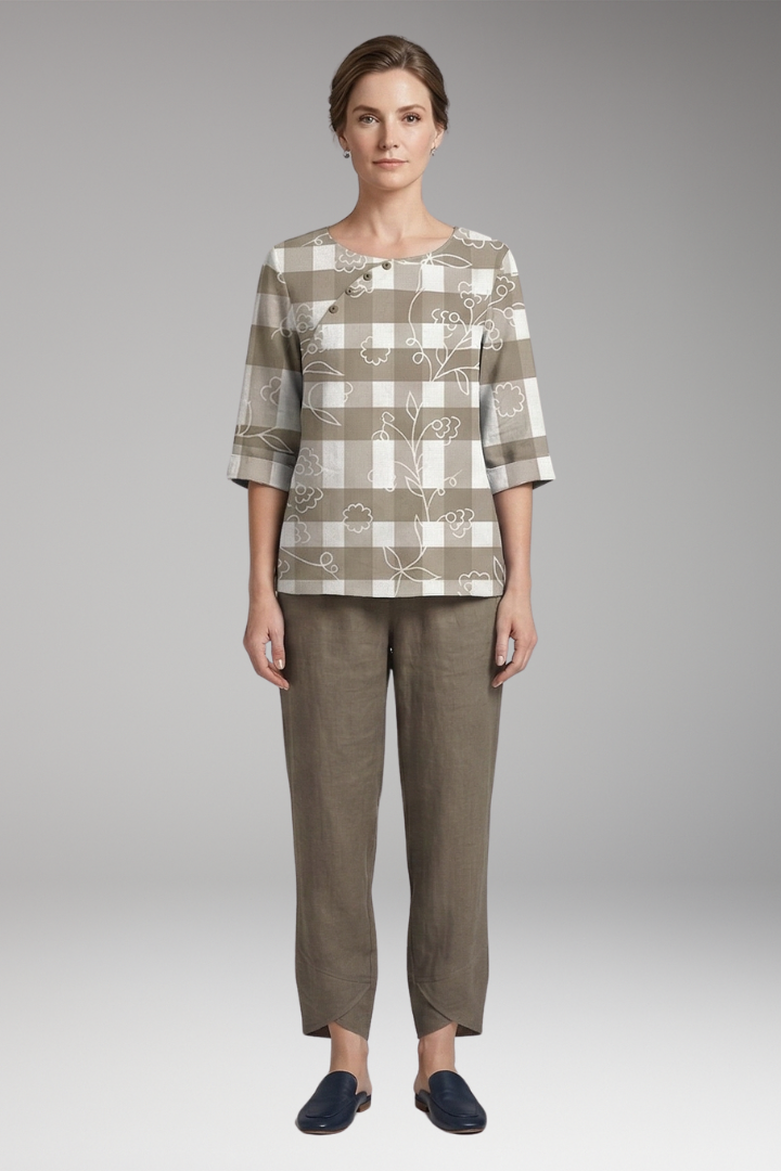 Women's Two-Piece Set with Printed Top and Elastic Waist Trousers