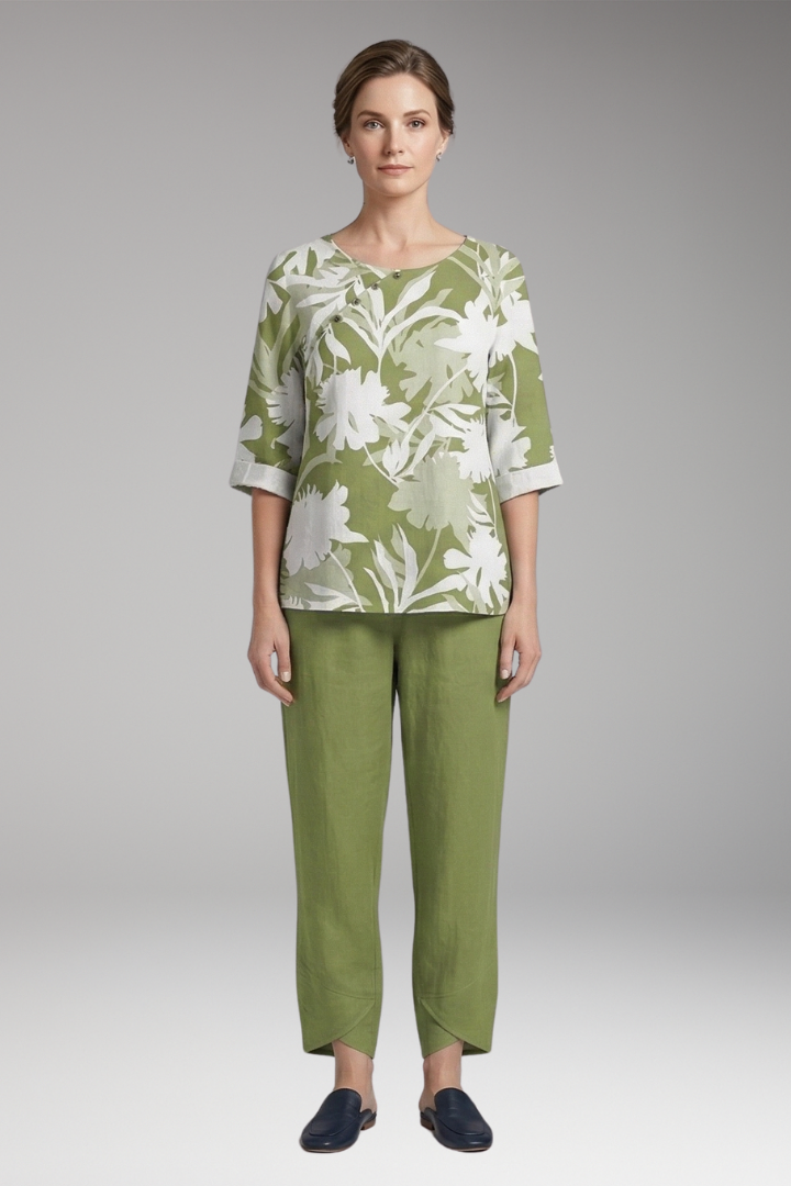 Women's Two-Piece Set with Printed Top and Elastic Waist Trousers