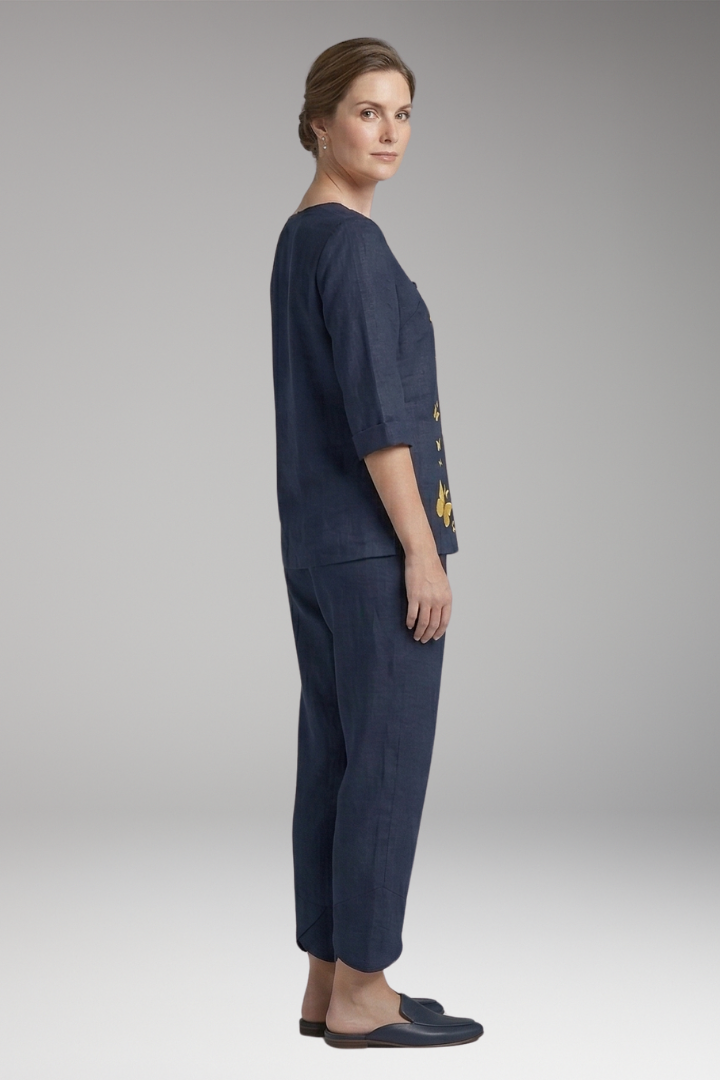 Women's Two-Piece Set with Printed Top and Elastic Waist Trousers