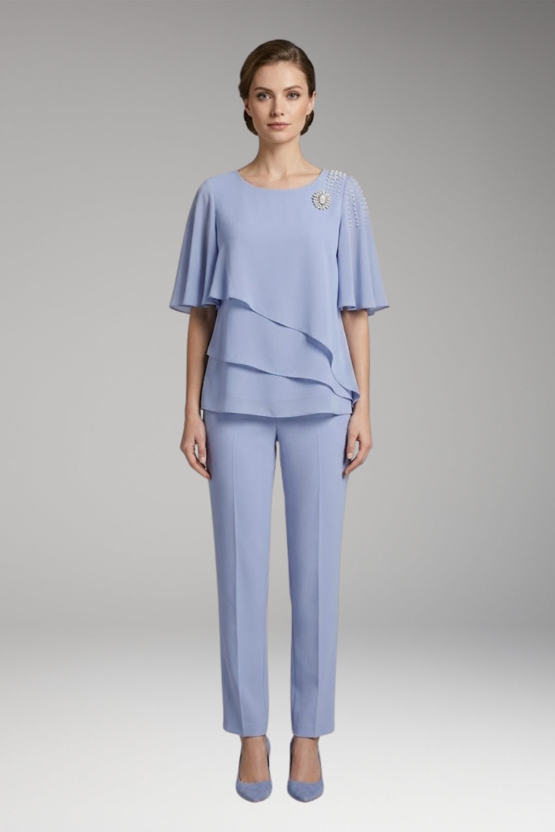 Women’s Two-Piece Set with Round Neck and Straight-Leg Trousers