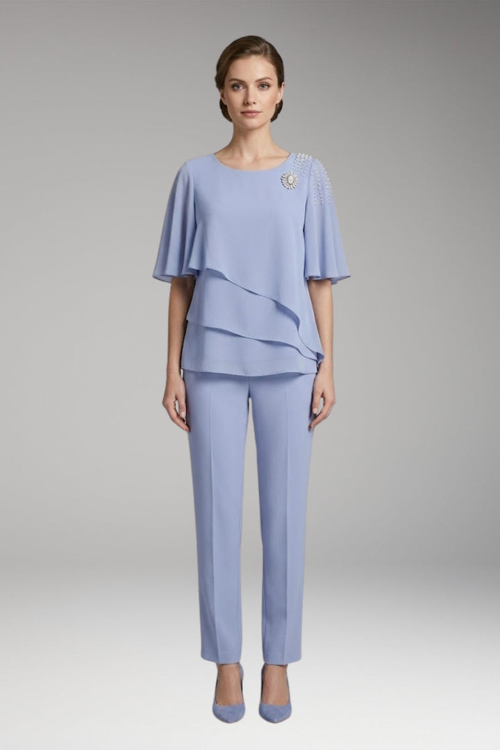 Women’s Two-Piece Set with Round Neck and Straight-Leg Trousers