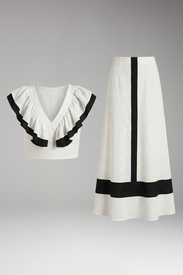 Women's Two-Piece Set with Ruffled Top and High-Waisted Skirt