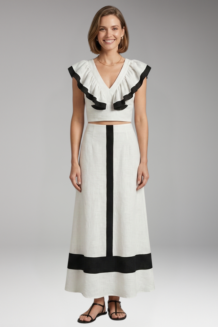 Women's Two-Piece Set with Ruffled Top and High-Waisted Skirt