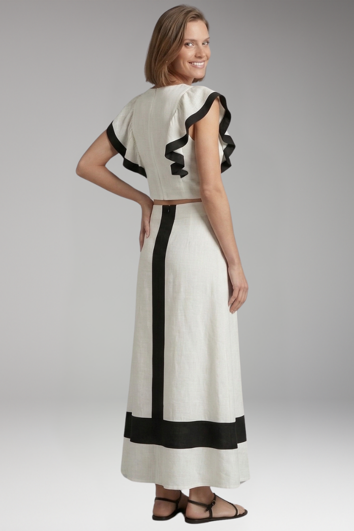 Women's Two-Piece Set with Ruffled Top and High-Waisted Skirt