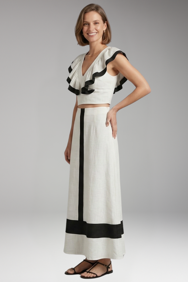 Women's Two-Piece Set with Ruffled Top and High-Waisted Skirt