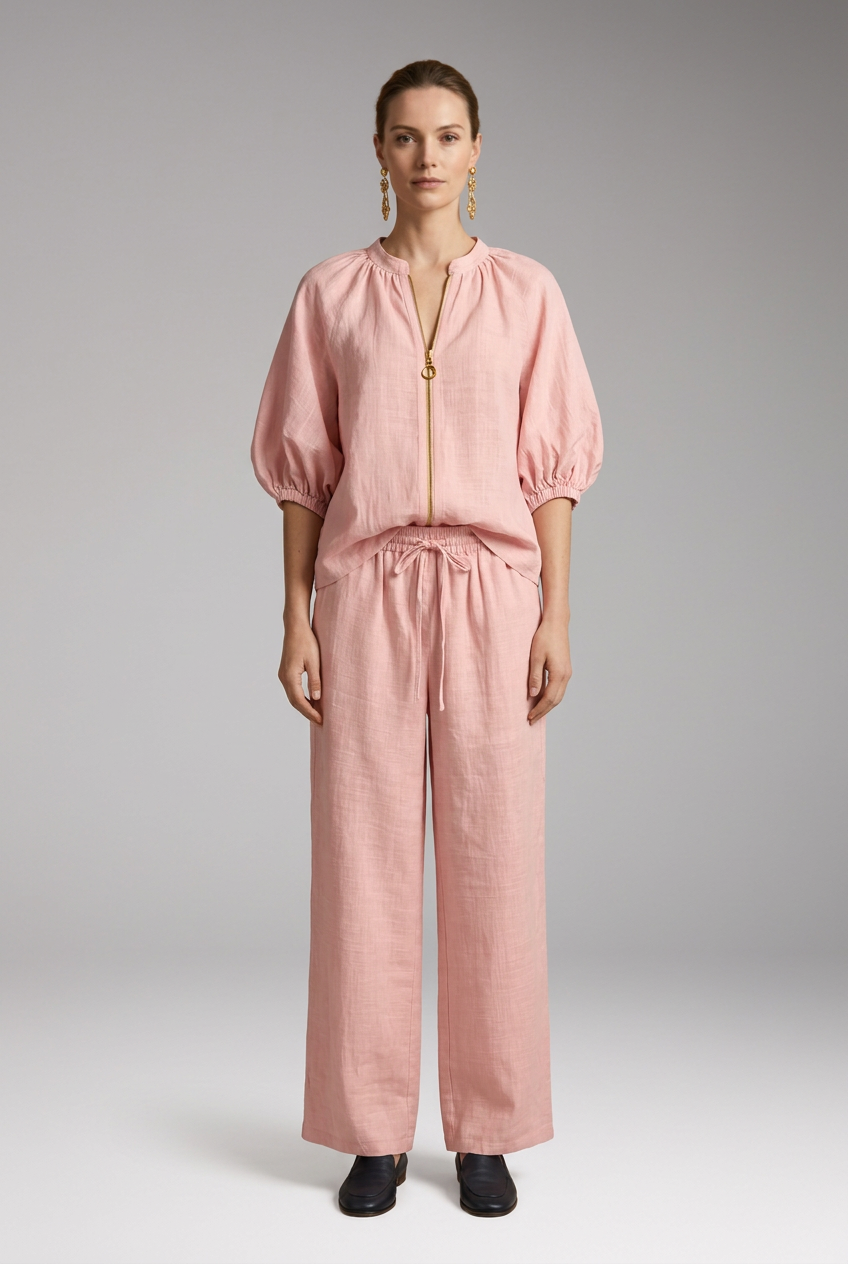 Women's Two-Piece Set with Short Sleeves and Wide Legs