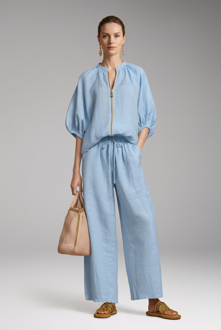 Women's Two-Piece Set with Short Sleeves and Wide Legs