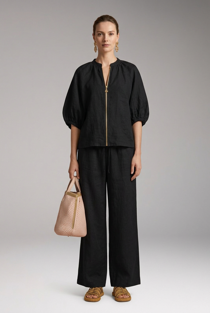Women's Two-Piece Set with Short Sleeves and Wide Legs