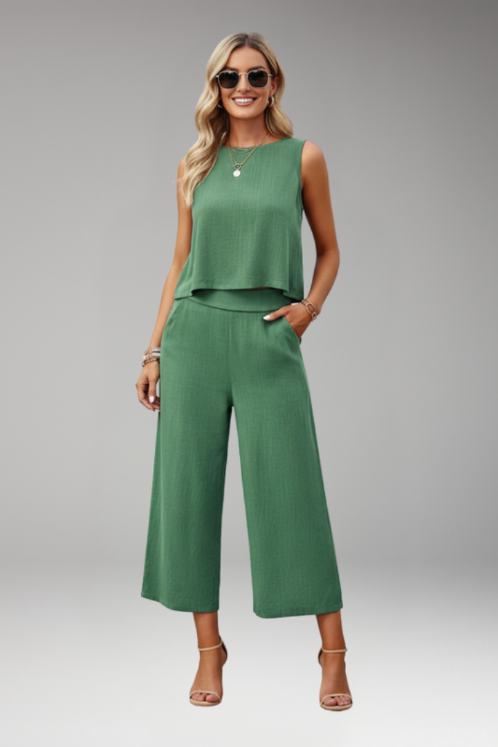 Women's Jumpsuit with Round Neck Top and Wide Legs