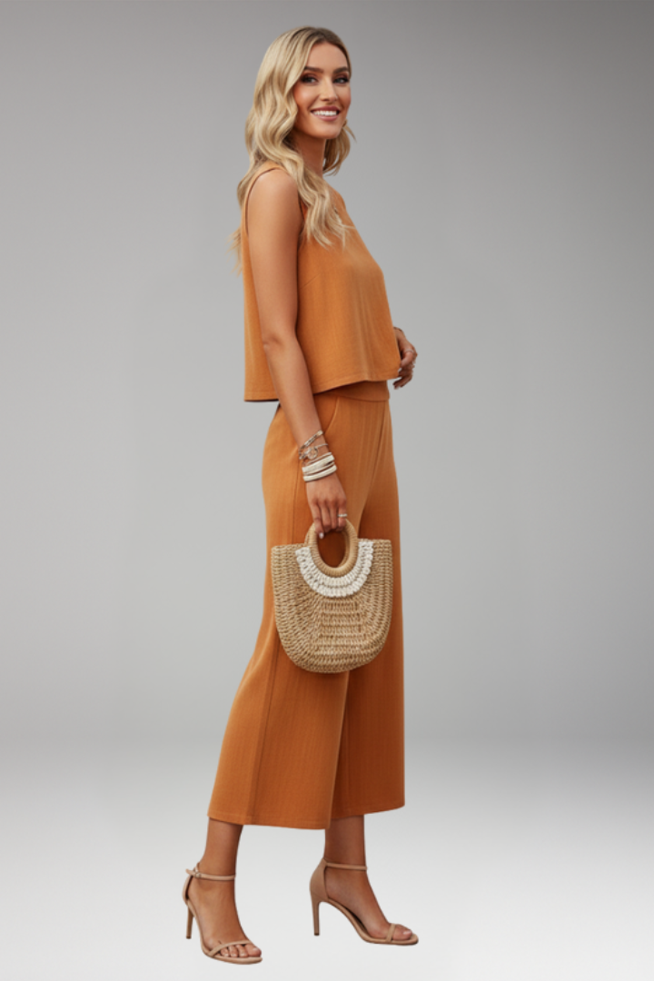 Women's Jumpsuit with Round Neck Top and Wide Legs