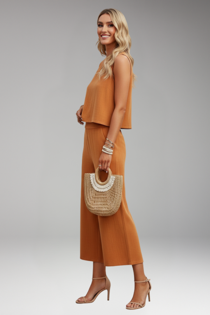 Women's Jumpsuit with Round Neck Top and Wide Legs