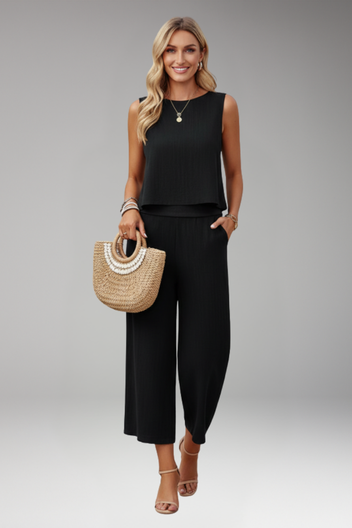 Women's Jumpsuit with Round Neck Top and Wide Legs