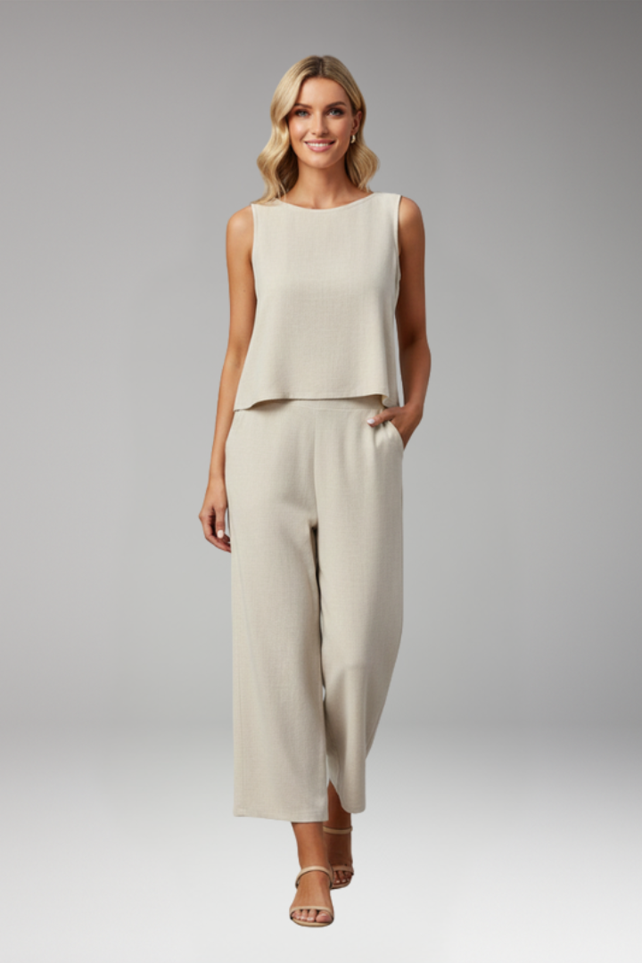 Women's Jumpsuit with Round Neck Top and Wide Legs