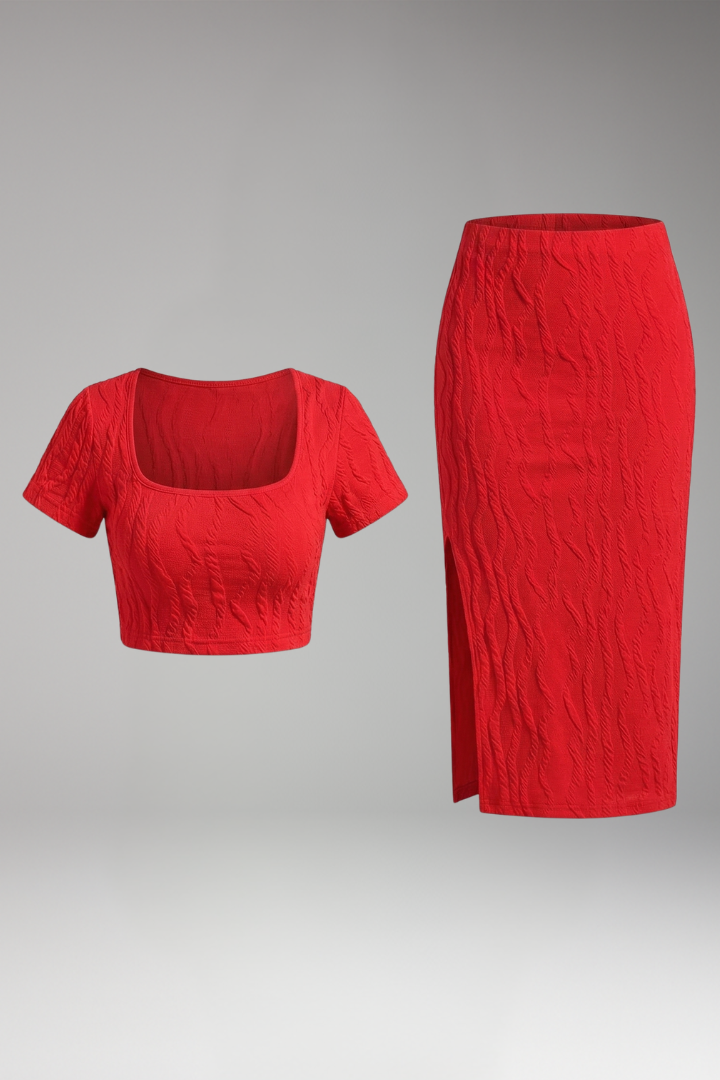 Women’s Two-Piece Set with Square Neck Top and Side Slit Skirt