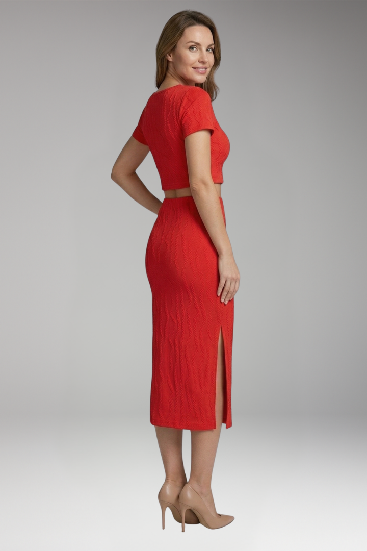 Women’s Two-Piece Set with Square Neck Top and Side Slit Skirt
